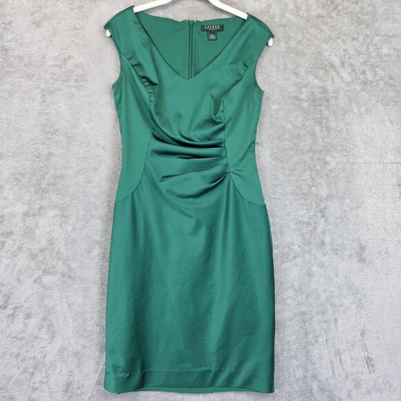 Lauren Ralph Lauren Dress Womens 4 Green Sleeveless Satin Sheath Cocktail Formal - Picture 1 of 10